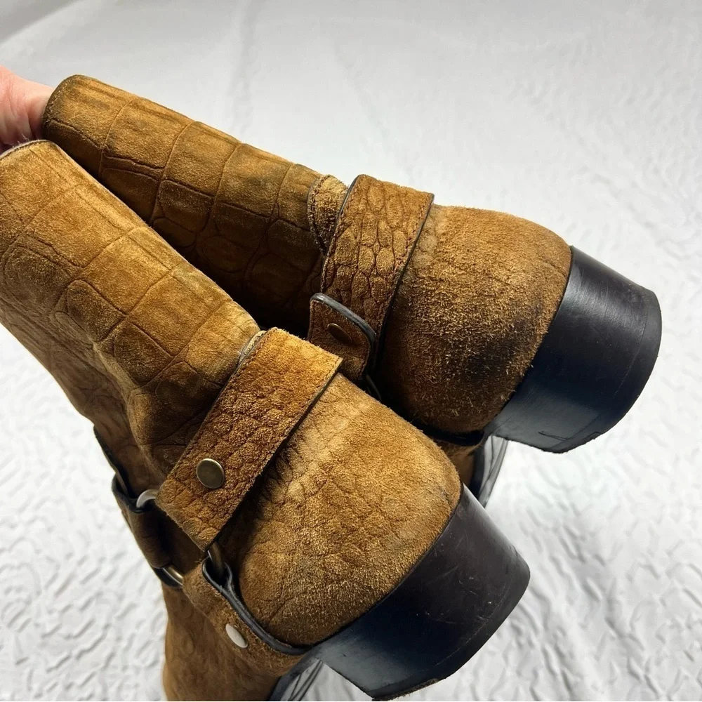 Saint Laurent Men's Wyatt Croc Embossed Harness Boots